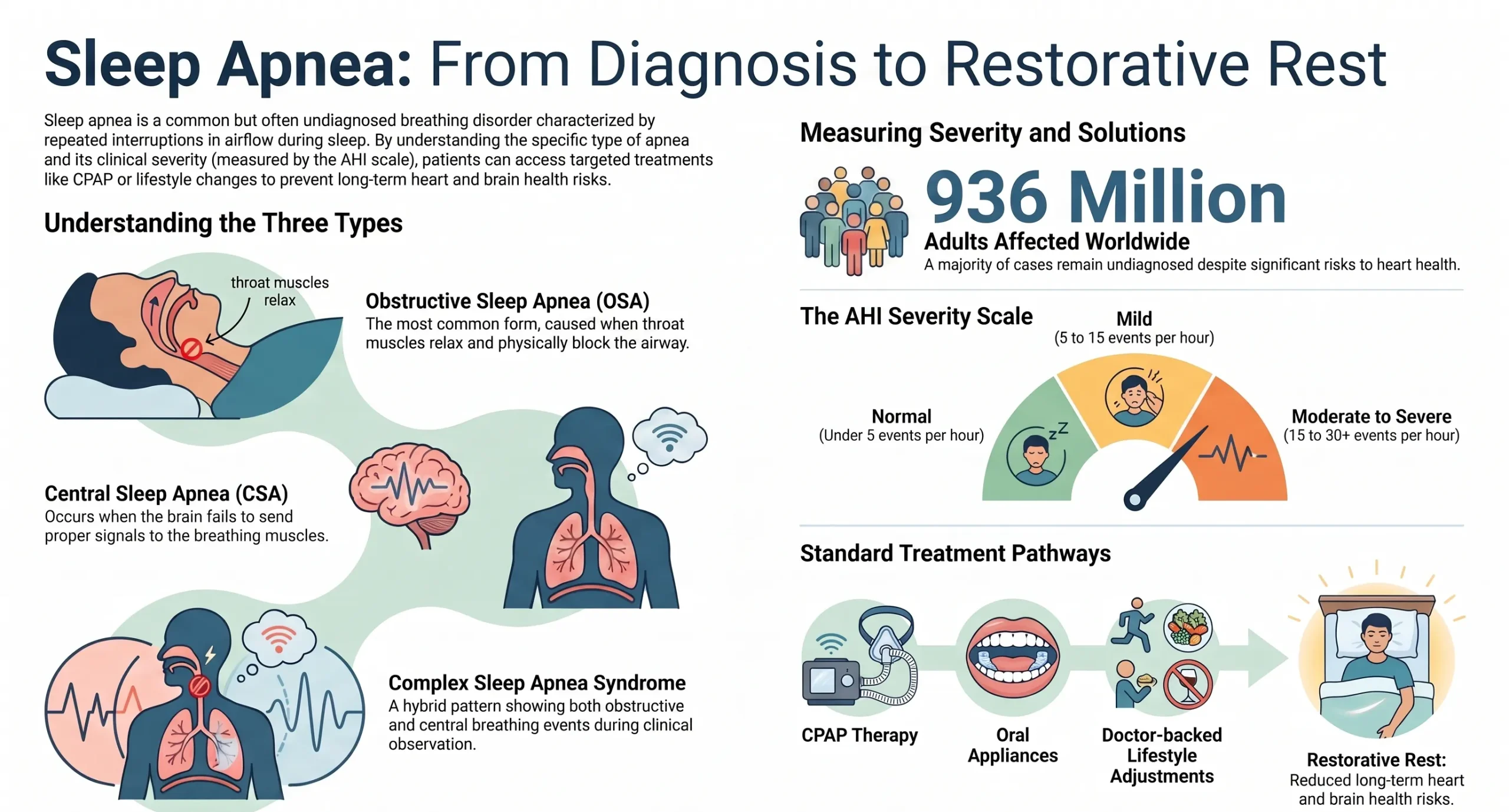 Sleep Apnea Complete Guide infographic showing sleep apnea types, AHI severity scale, diagnosis, and treatment options including CPAP therapy.