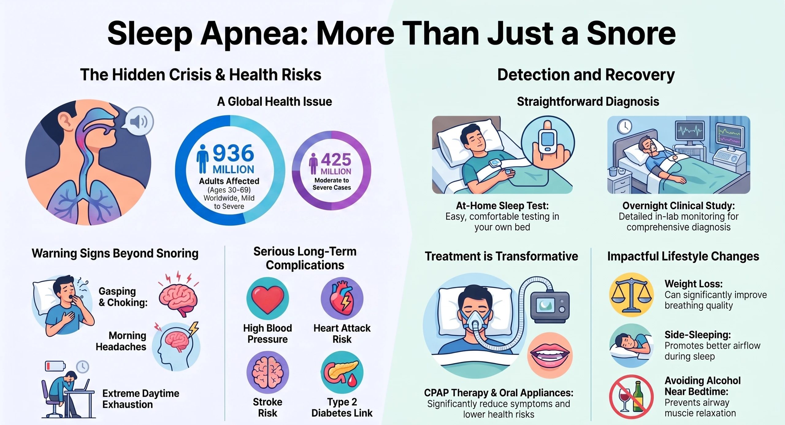 Sleep apnea infographic showing symptoms, health risks, diagnosis methods, CPAP treatment options, and lifestyle changes to improve sleep and breathing.