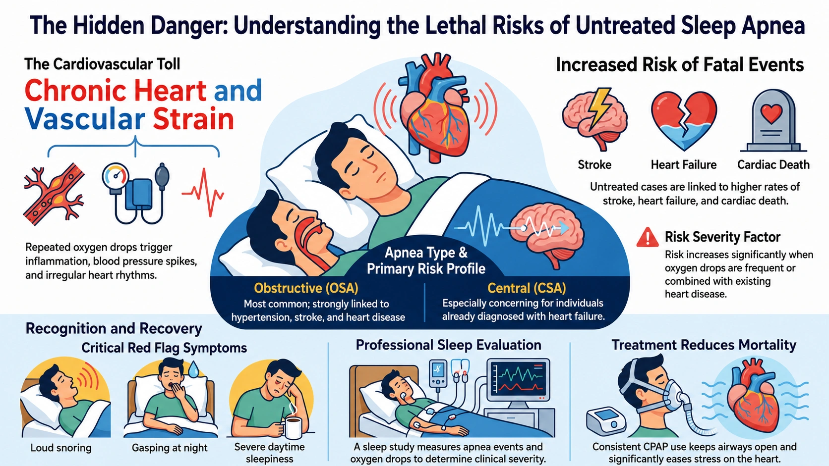 Infographic explaining the real risks of untreated sleep apnea and how CPAP therapy protects heart health.
