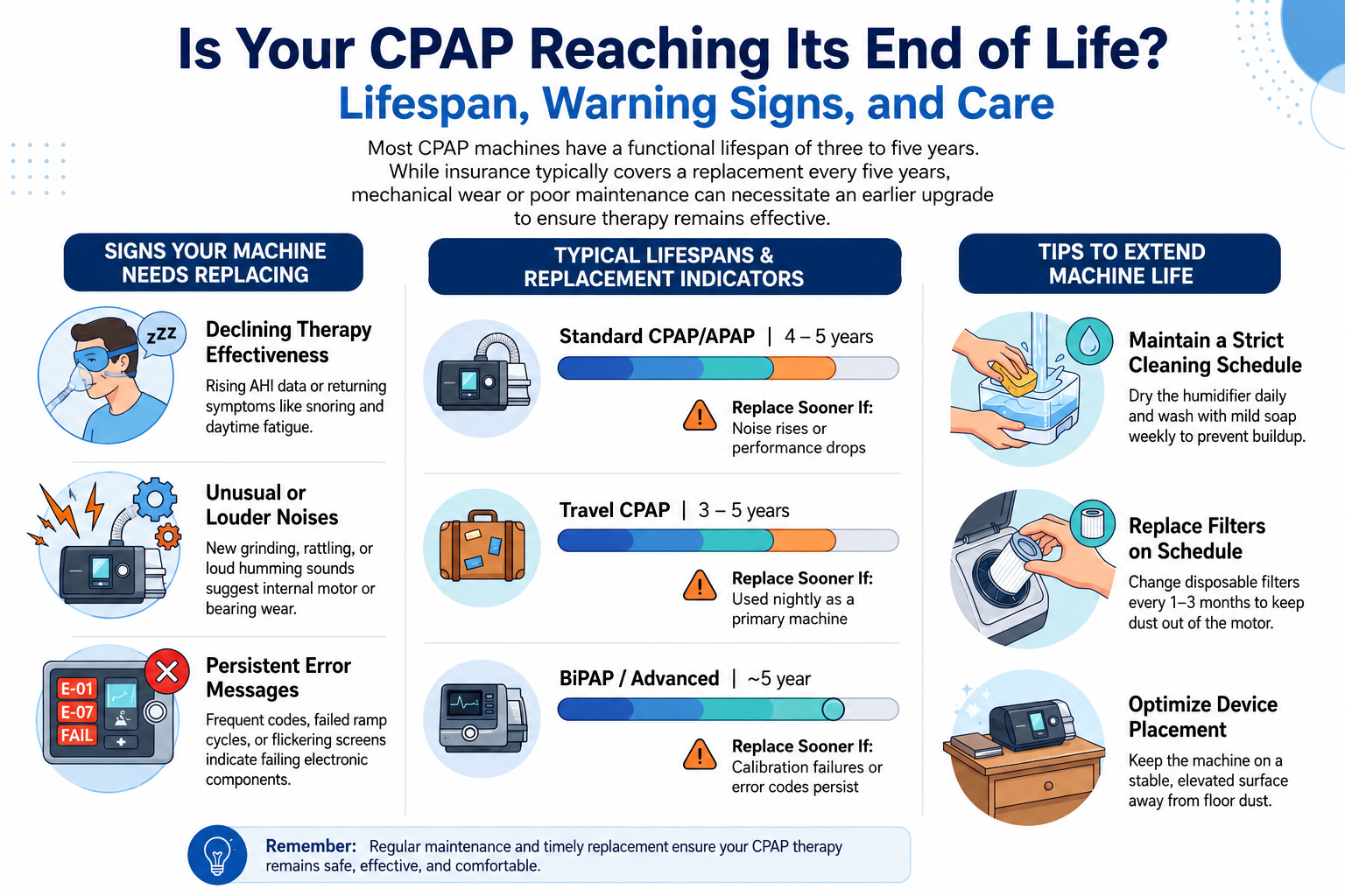 Modern CPAP machine with mask and tubing, highlighting common signs of aging, maintenance, filter replacement, cleaning, and upgrading to a new device.