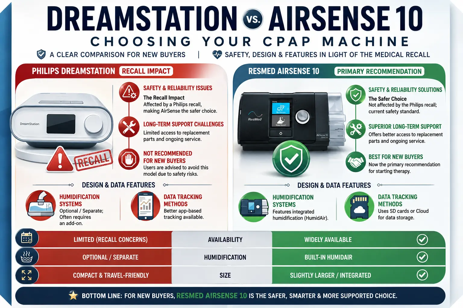 DreamStation vs AirSense 10 CPAP machine comparison infographic showing recall impact, safety, humidification, design features, data tracking, long-term support, and why the ResMed AirSense 10 is the recommended choice for new CPAP users.
