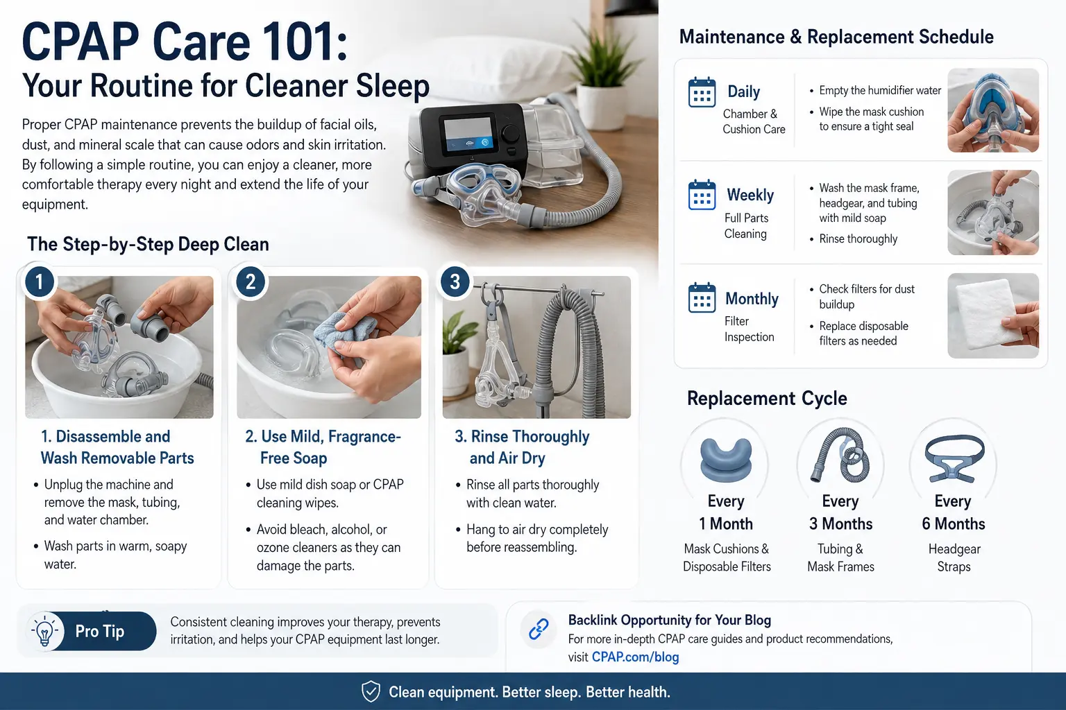 How to Clean a CPAP Machine with daily, weekly, and monthly cleaning and maintenance steps