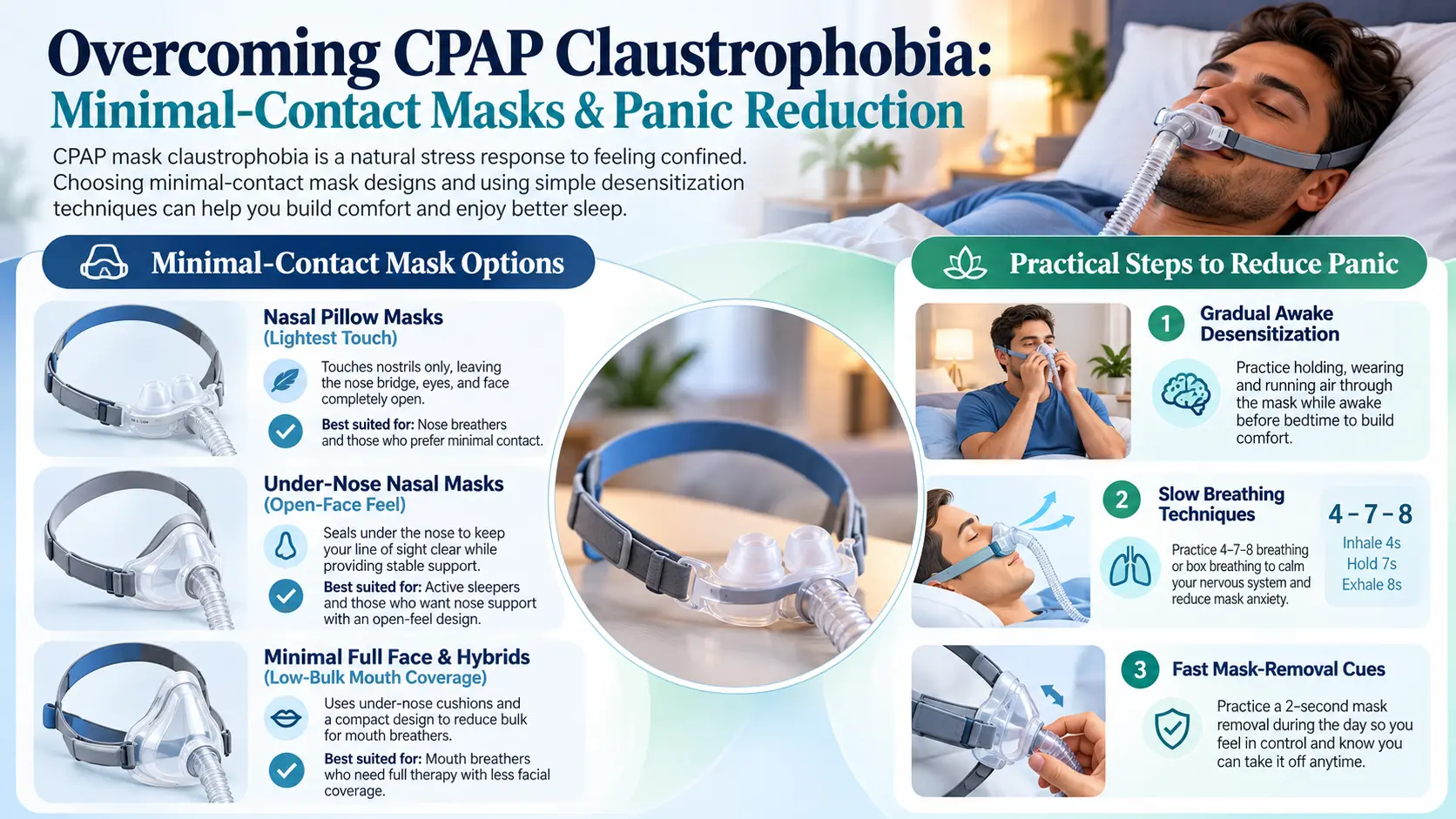 CPAP claustrophobia guide showing minimal-contact masks and techniques to reduce mask anxiety