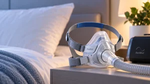 ResMed AirFit masks compared — CPAP mask and machine on a nightstand, ready for nightly use