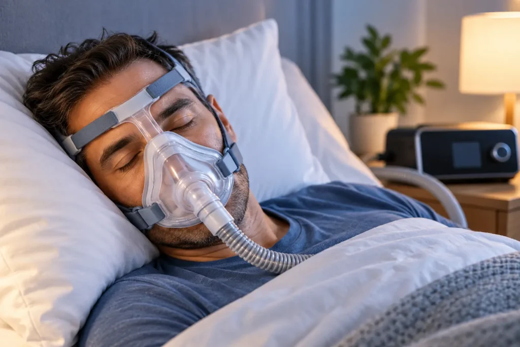 Best full face CPAP mask shown on a man sleeping comfortably with a CPAP machine.