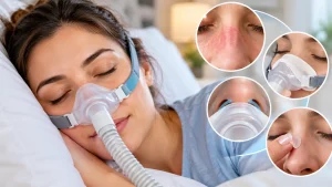 Woman using a CPAP mask with nose sores and skin irritation prevention tips